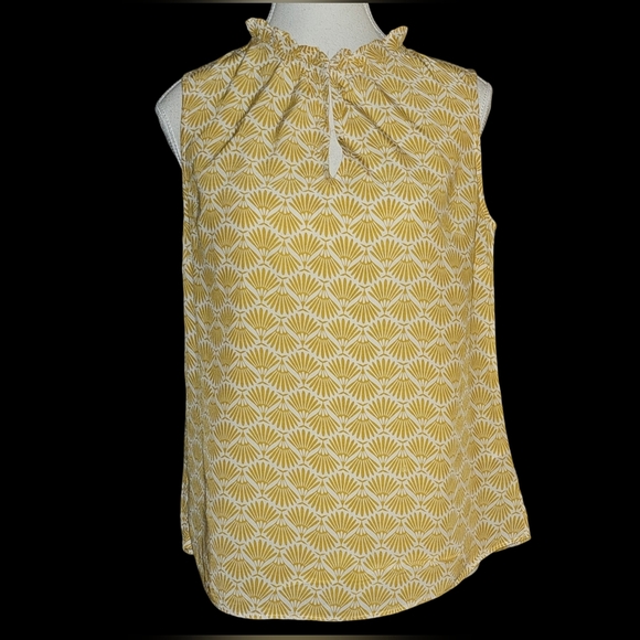 Boden Tops - Boden Retro Boho Sleeveless Ruffle Neck Blouse Yellow Geometric Blouse Size 6
